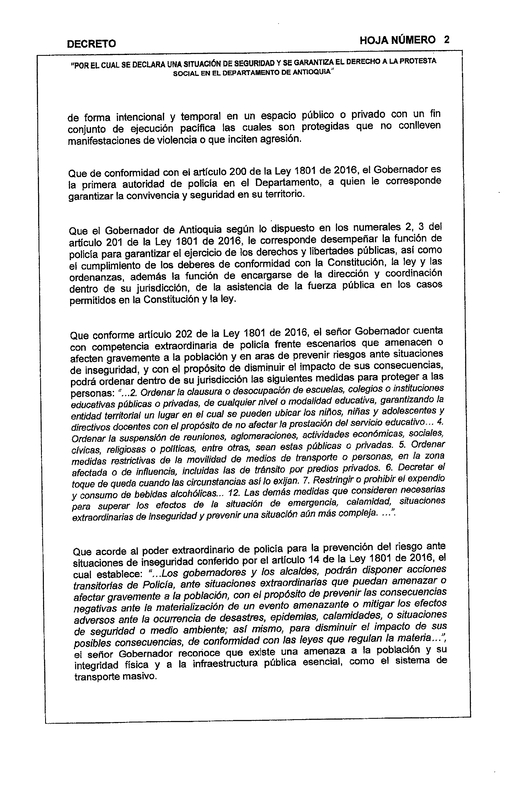 Decreto de la Gobernación de Antioquia por medio del cual de declara situación de seguridad y se garantiza el derecho a la protesta social en el departamento de Antioquia, con motivo del Paro Nacional del jueves 21 de noviembre de 2019