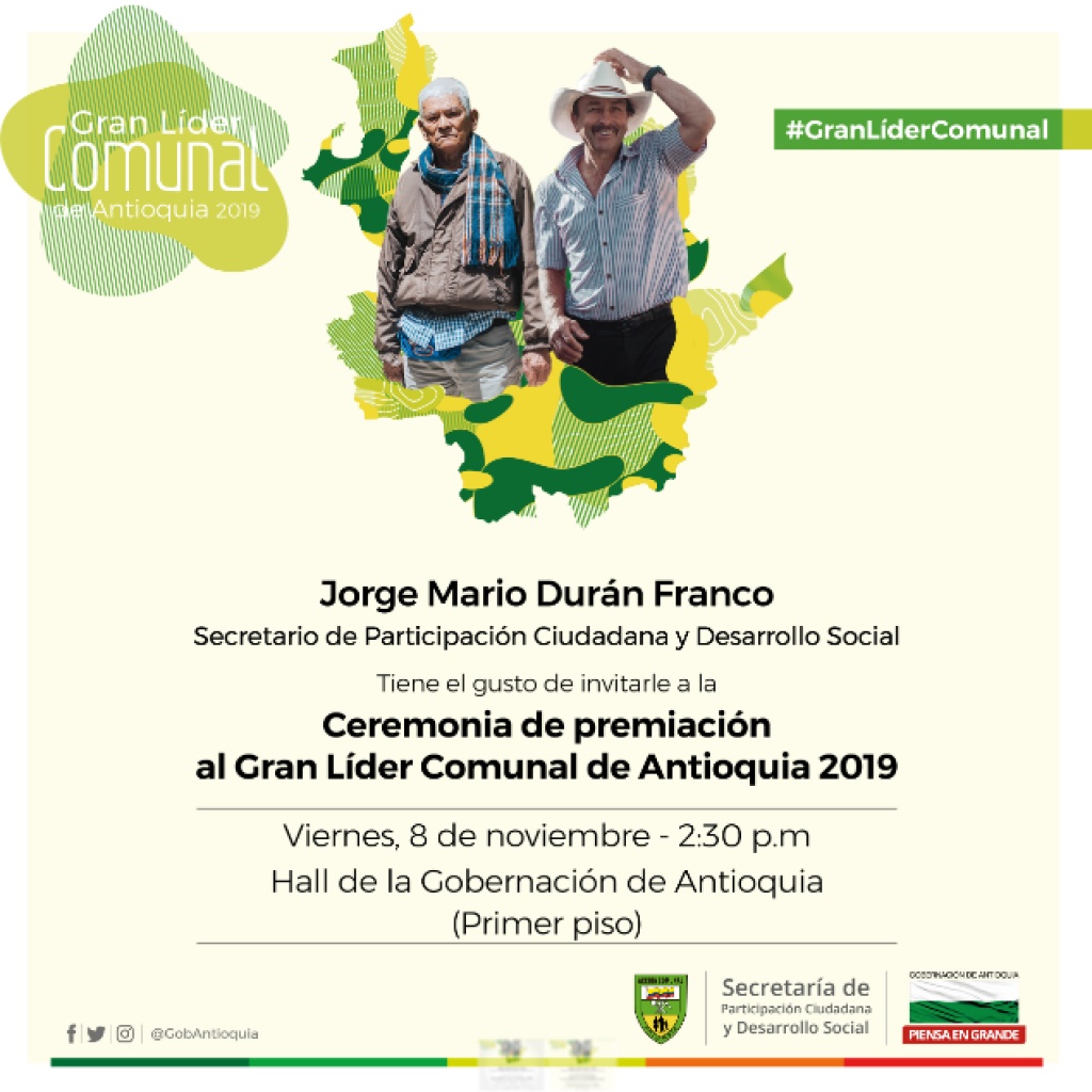 Invitación: Evento Gran Comunal. Viernes 8 de noviembre, 2:30 p.m. Primer piso de la Gobernación de Antioquia.