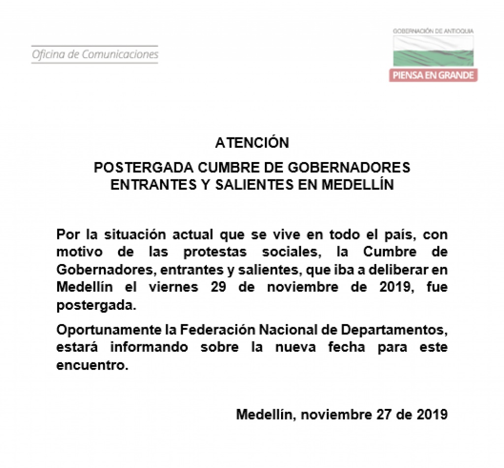 ATENCIÓN: POSTERGADA CUMBRE DE GOBERNADORES ENTRANTES Y SALIENTES EN MEDELLÍN
