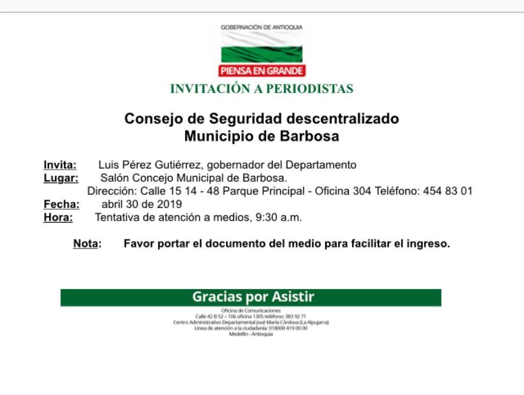 Invitación al Consejo de Seguridad descentralizado Municipio de Barbosa