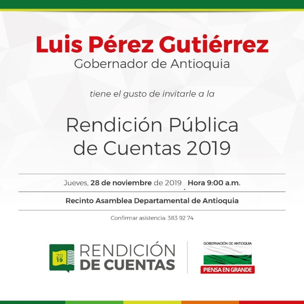 Invitación del señor Gobernador Luis Pérez Gutiérrez a la Rendición Pública de Cuentas 2019