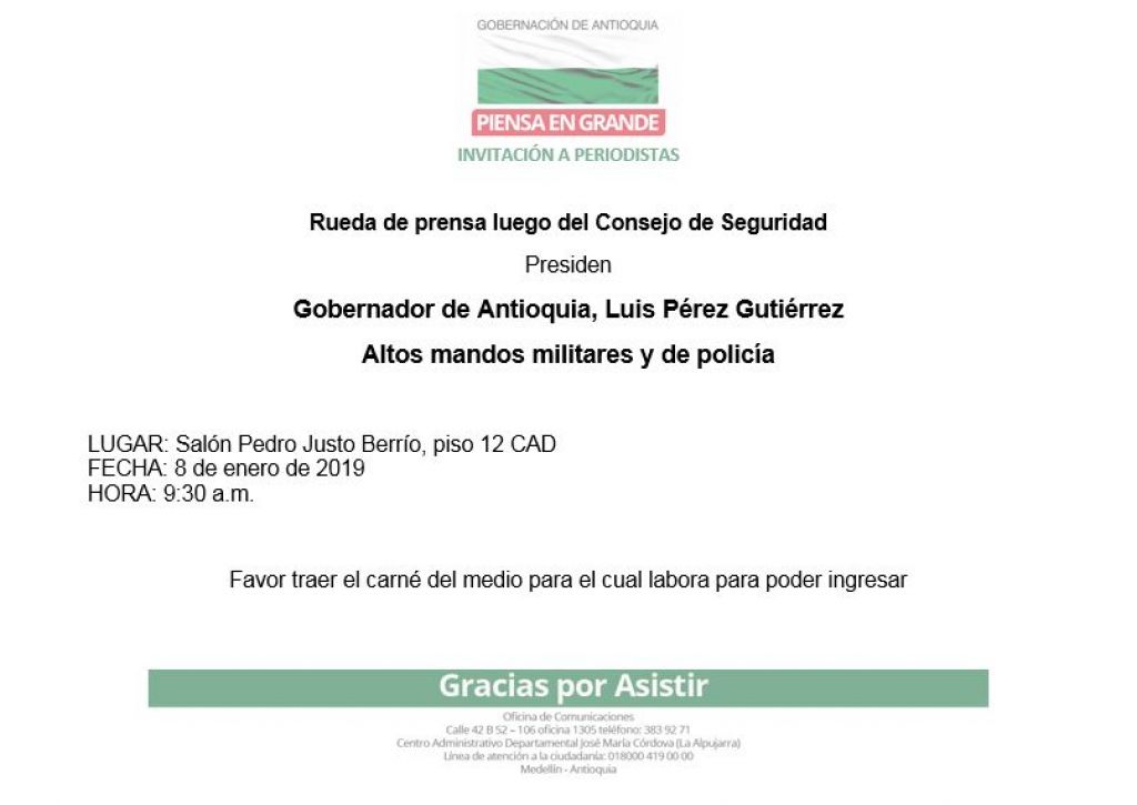 INVITACIÓN: hoy martes, 8 de enero de 2019, RUEDA DE PRENSA, luego del Consejo de Seguridad.