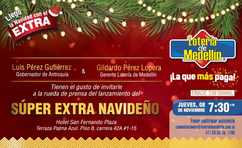 Invitación rueda de prensa para el lanzamiento del Súper Extra Navideño. Jueves 8 de noviembre. 7:30 a.m. Hotel San Fernando Plaza