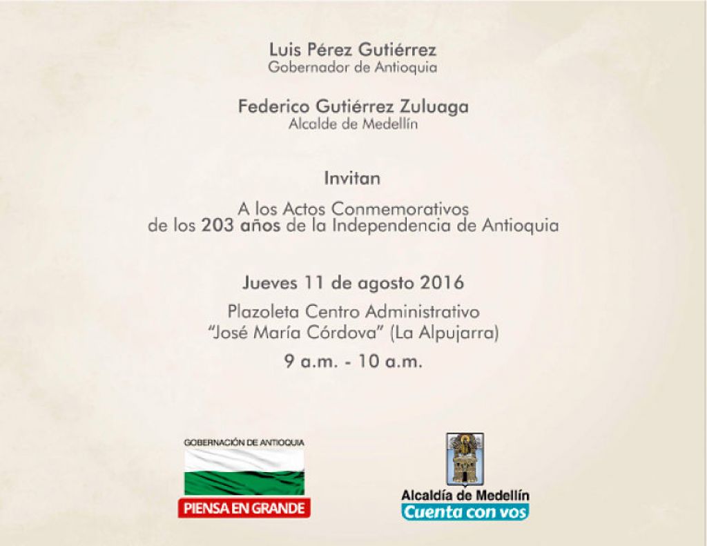 Invitación 203 años de la Independencia de Antioquia