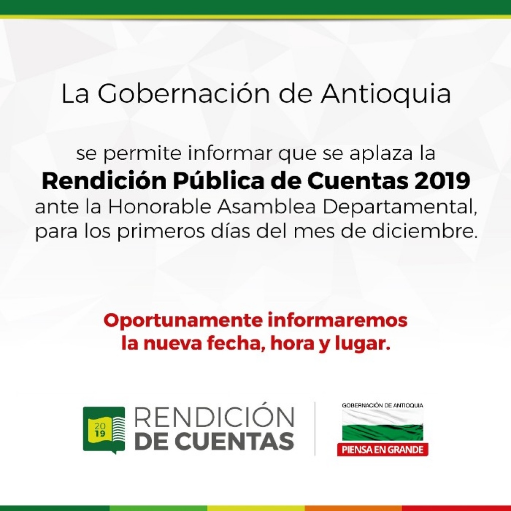 Aplazamiento Rendición Pública de Cuentas 2019 ante la Asamblea Departamental