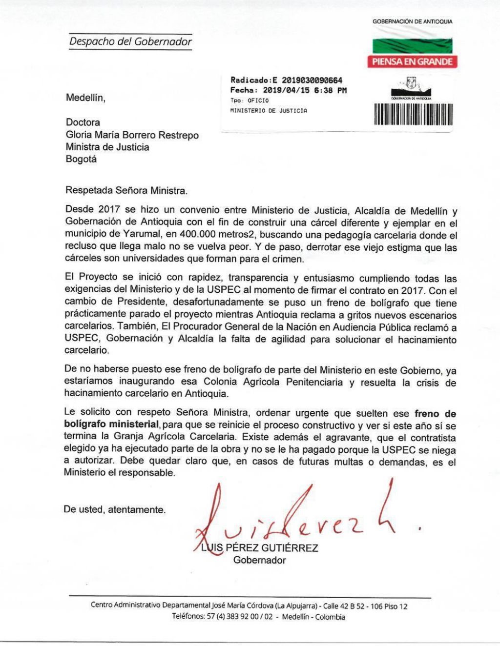 ATENCIÓN: enviamos texto de la carta del gobernador de Antioquia a la ministra de Justicia