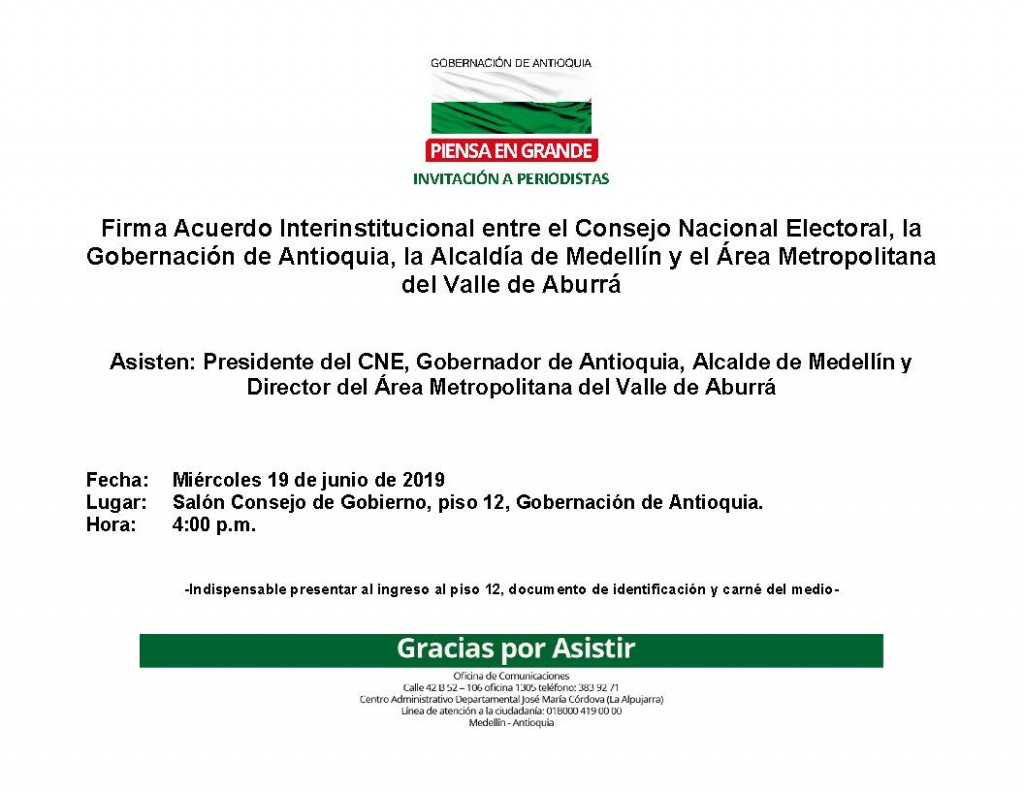 Cambio de horario atención a medios, firma acuerdo entre el CNE, la Gobernación, la Alcaldía de Medellín y el Área Metropolitana. Será a las 4:00 p.m.
