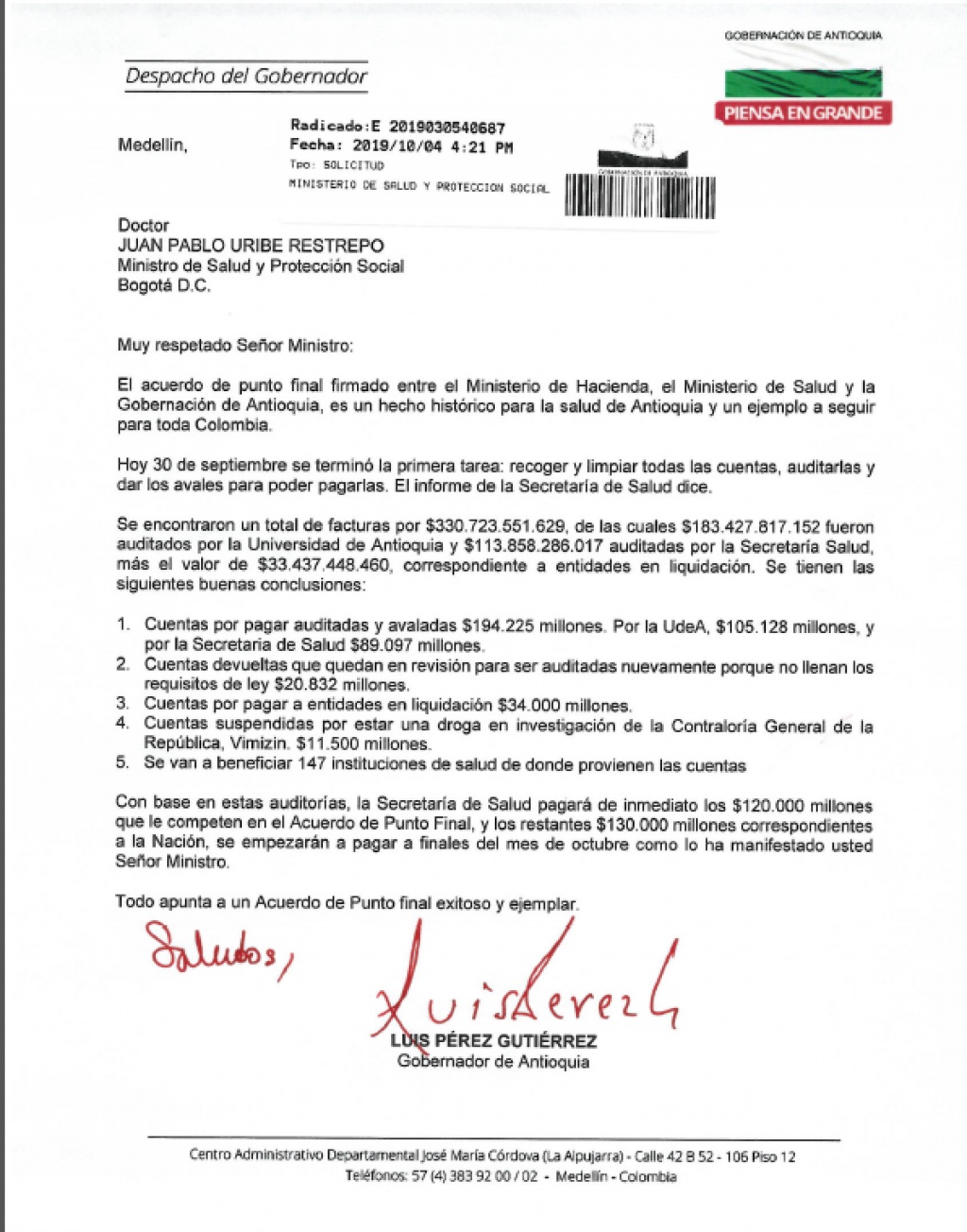 Carta del Gobernador de Antioquia al Ministro de Salud y otros altos funcionarios, sobre balance del Acuerdo de Punto Final en la cuentas de salud para Antioquia