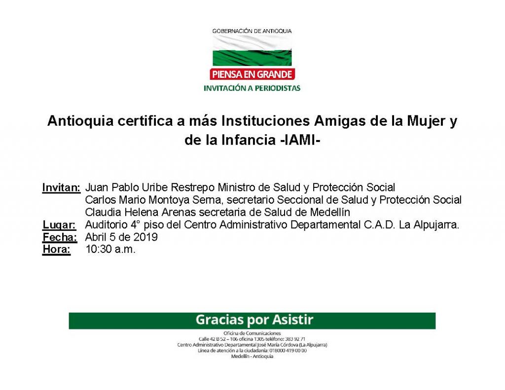 Invitación a periodistas: Antioquia certifica a más Instituciones Amigas de la Mujer y de la Infancia -IAMI-