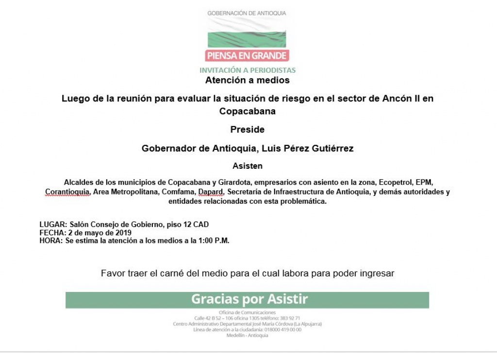 Invitación para hoy jueves: atención a medios luego de la reunión para evaluar problemática en el sector Ancón II de Copacabana