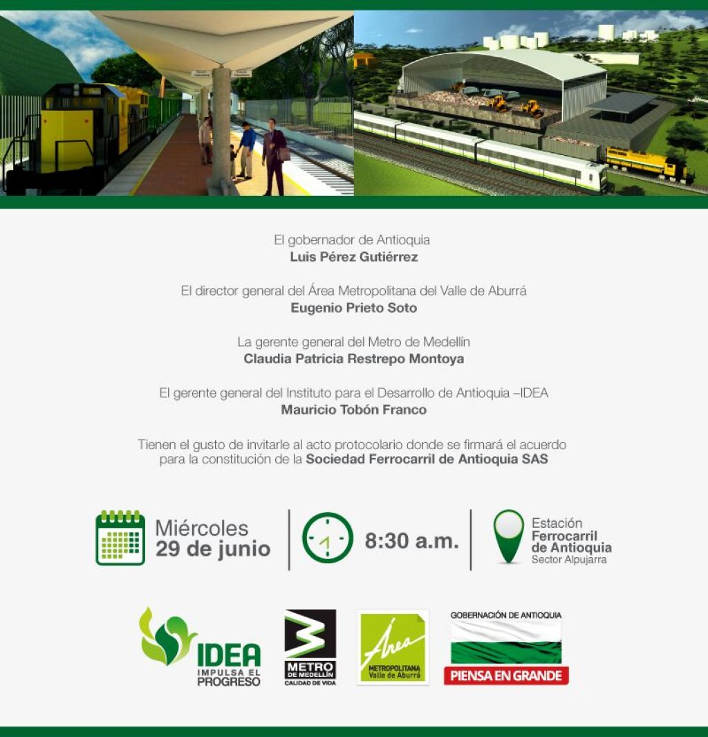 Invitación para este miércoles al acto de constitución del ente que liderará la recuperación del Ferrocarril de Antioquia