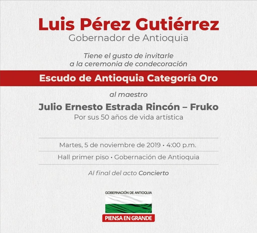 Escudo de Antioquia Categoría Oro al maestro Julio Ernesto Estrada Rincón - Fruko