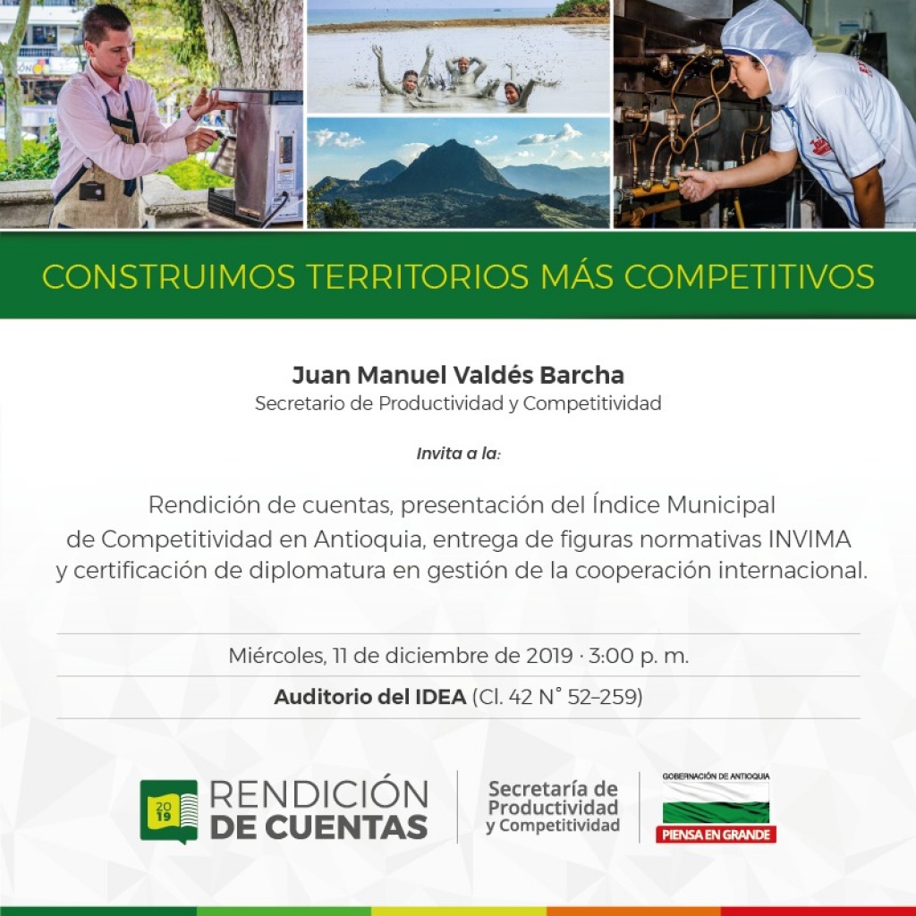 Invitación a periodistas: Rendición de cuentas, presentación Índice Municipal de Competitividad en Antioquia, Secretaría de Productividad y Competitividad de Antioquia
