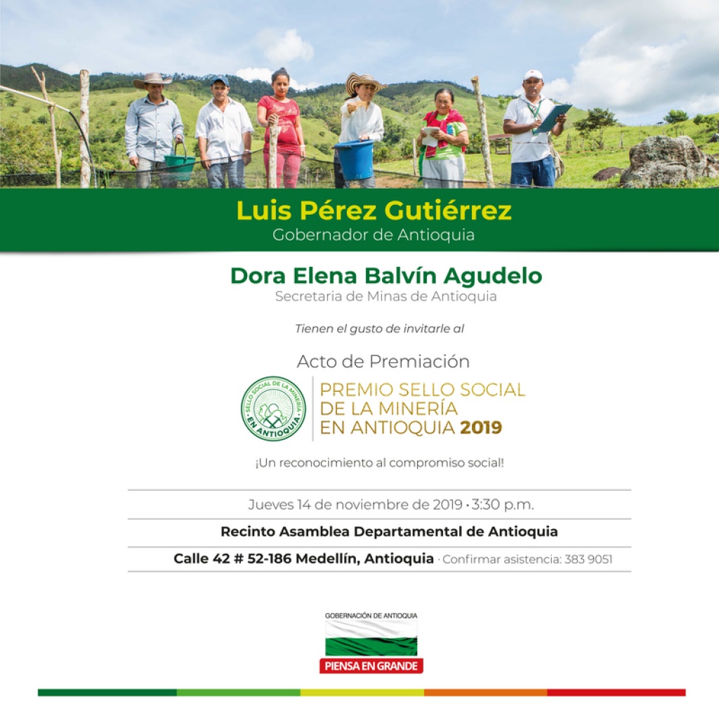 Invitación: Acto de premiación Sello Social de la Minería en Antioquia 2019