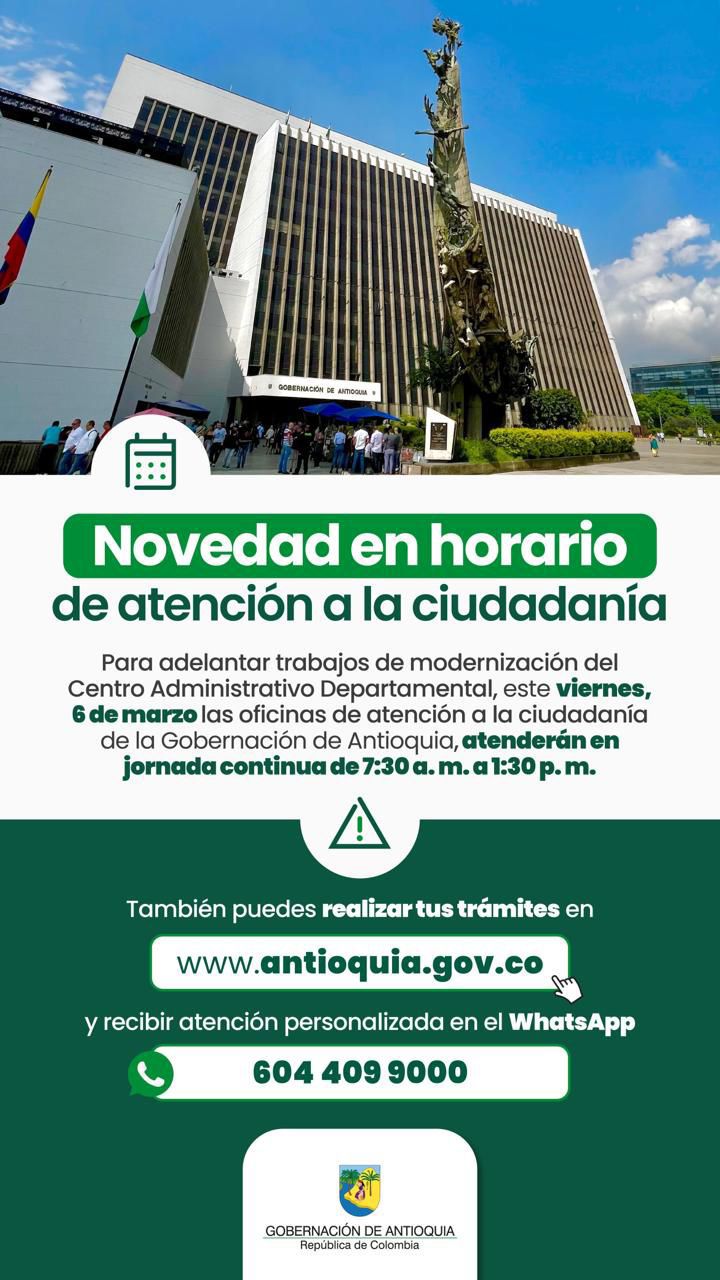 La Gobernación de Antioquia modifica el horario de atención a la ciudadanía por la modernización del sistema de aire acondicionado 