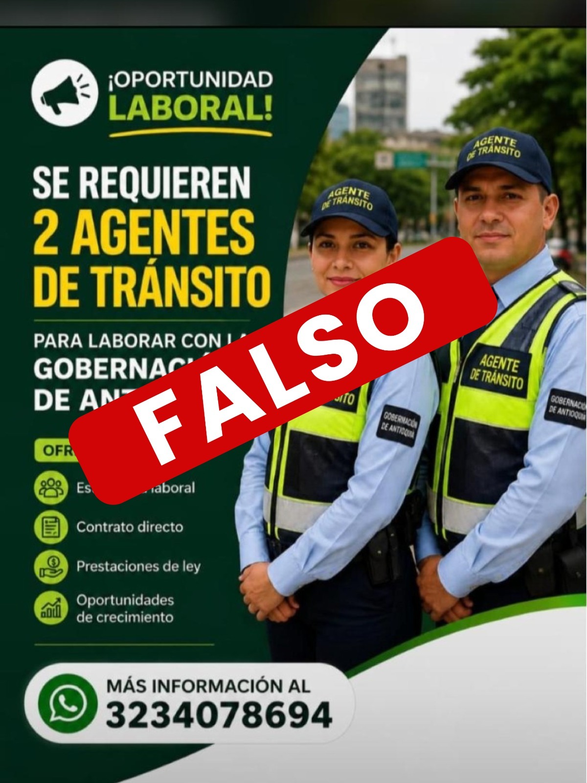 Gobernación de Antioquia advierte sobre falsa convocatoria para agentes de tránsito