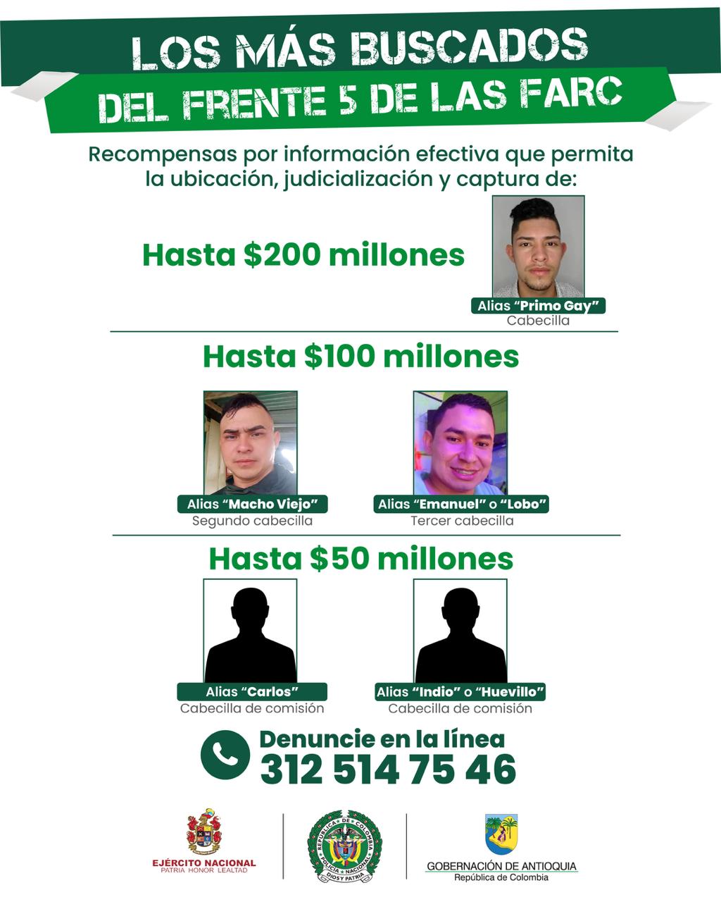 Gobernación de Antioquia presenta cartel de los más buscados del frente 5 de las FARC