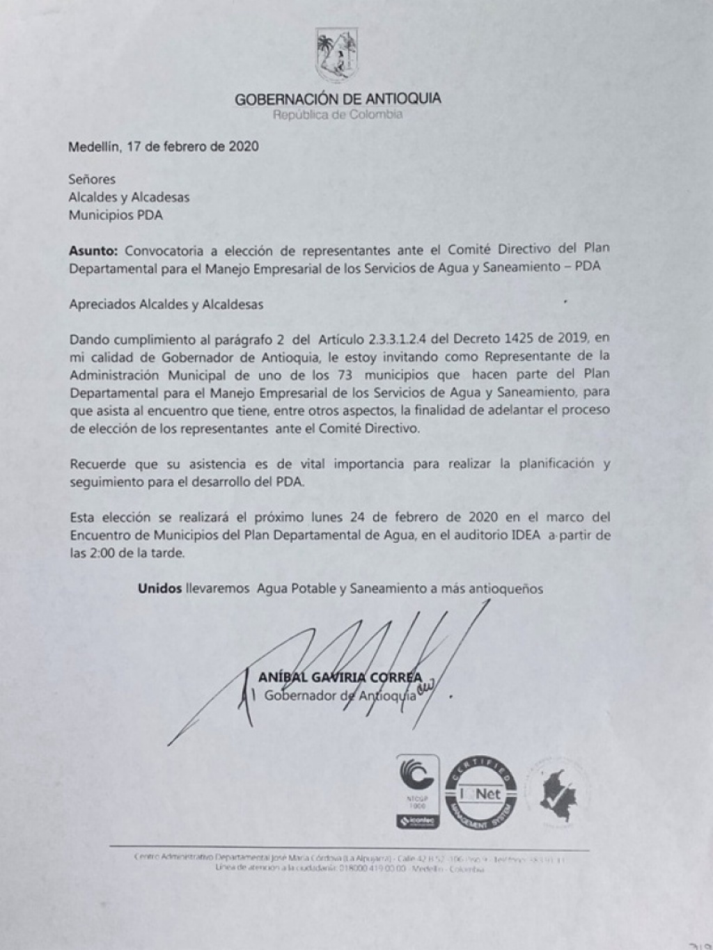 Copia de la carta mediante la cual el Gobernador de Antioquia convocó a los alcaldes y alcaldesas a la reunión del PDA