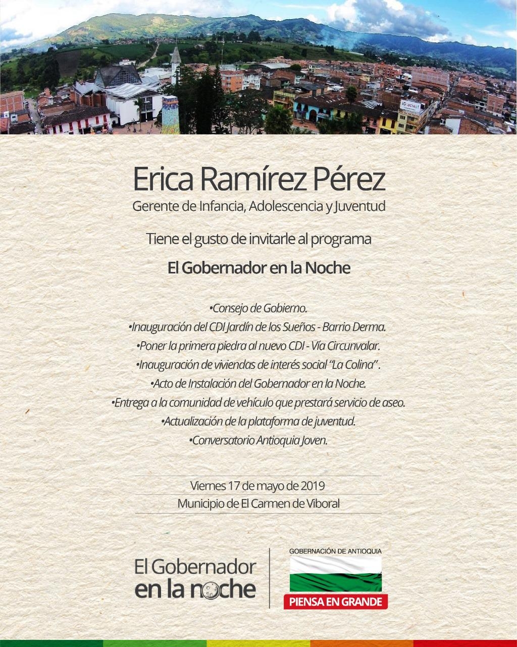 El Gobernador en la Noche llegará a El Carmen de Viboral e inauguración de obras